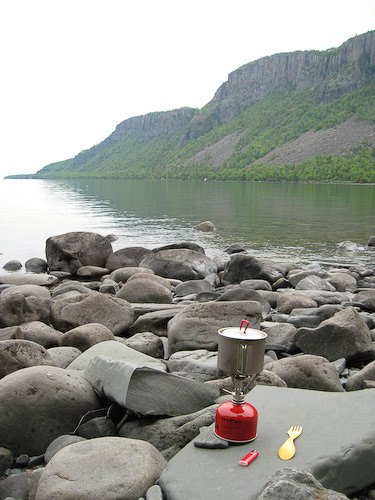 Cooking on the rocky shore of Lake Superior in Canada